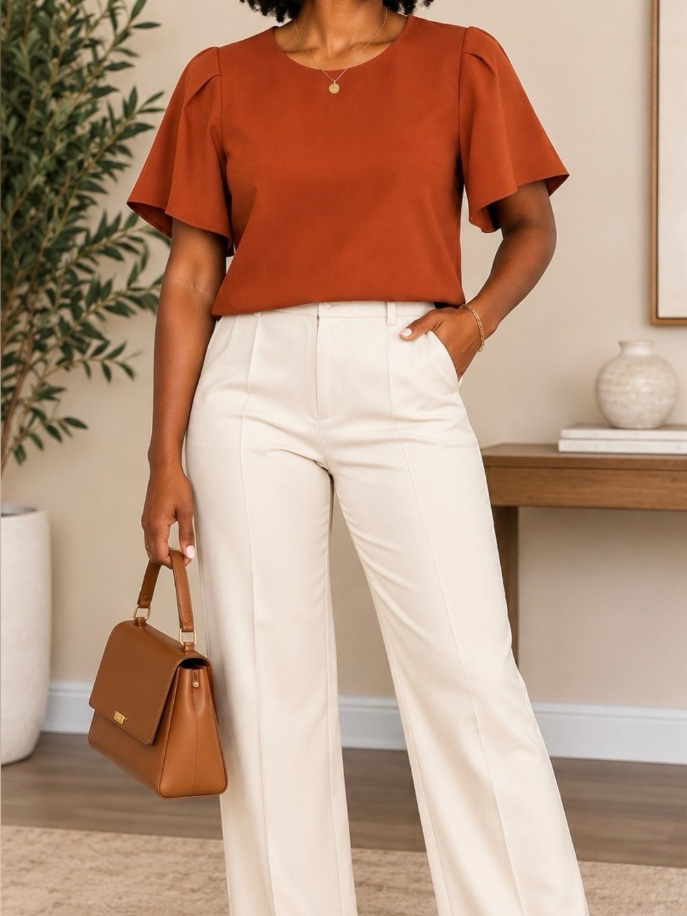 Alythea Rust Flutter-Sleeve Crop Top